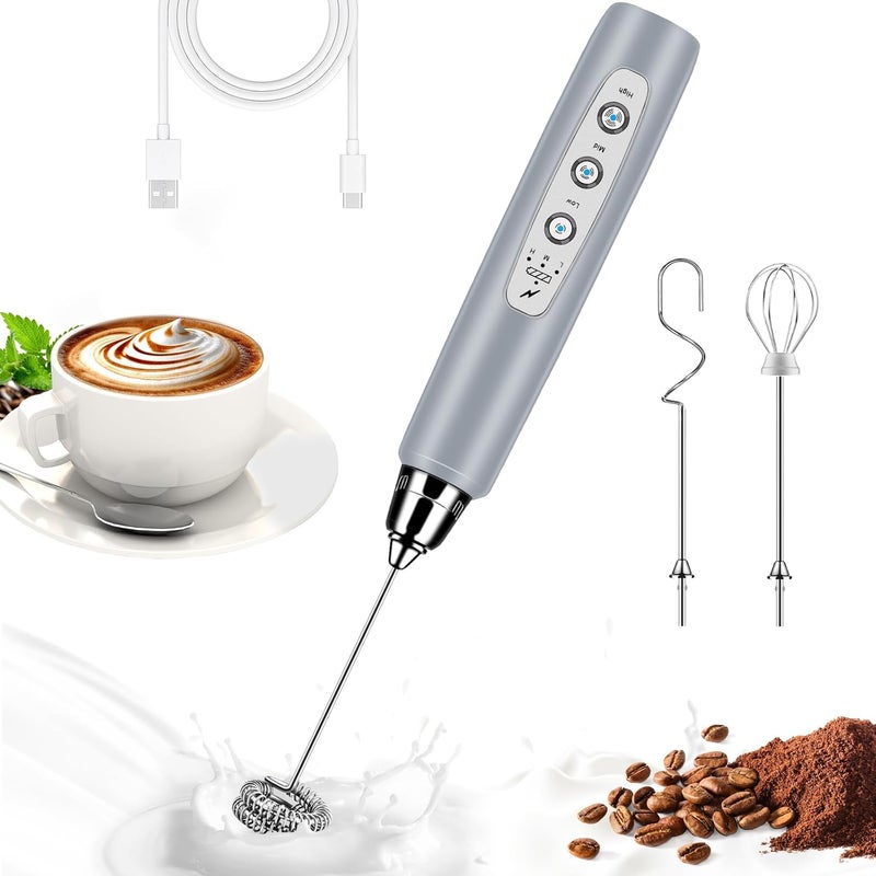 BSRGMS Milk Frother Handheld for Coffee, Electric Whisk 3 Speed Adjustable, Drink Mixer with Stainless 3 Whisks, Rechargeable Hand Frother Wand, for Latte Cappuccino Hot Chocolate Egg Cement Gray - Image 1
